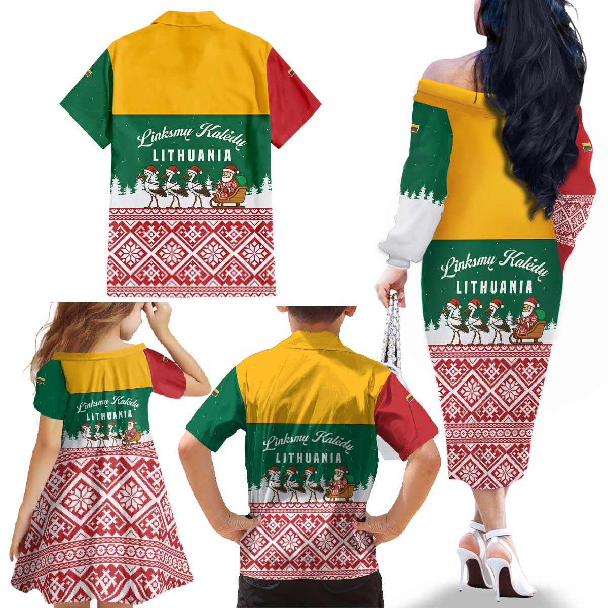Lithuania Christmas Family Matching Off The Shoulder Long Sleeve Dress and Hawaiian Shirt with Santa Sleigh Pulled by Storks and Folk Pattern Design - Wonder Print Shop
