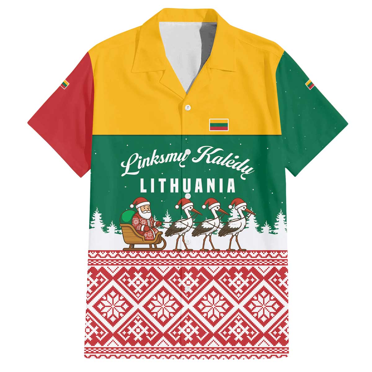 Lithuania Christmas Family Matching Off The Shoulder Long Sleeve Dress and Hawaiian Shirt with Santa Sleigh Pulled by Storks and Folk Pattern Design - Wonder Print Shop