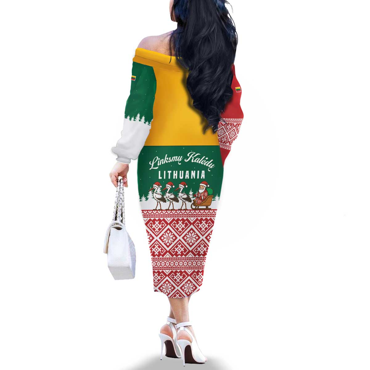 Lithuania Christmas Family Matching Off The Shoulder Long Sleeve Dress and Hawaiian Shirt with Santa Sleigh Pulled by Storks and Folk Pattern Design - Wonder Print Shop