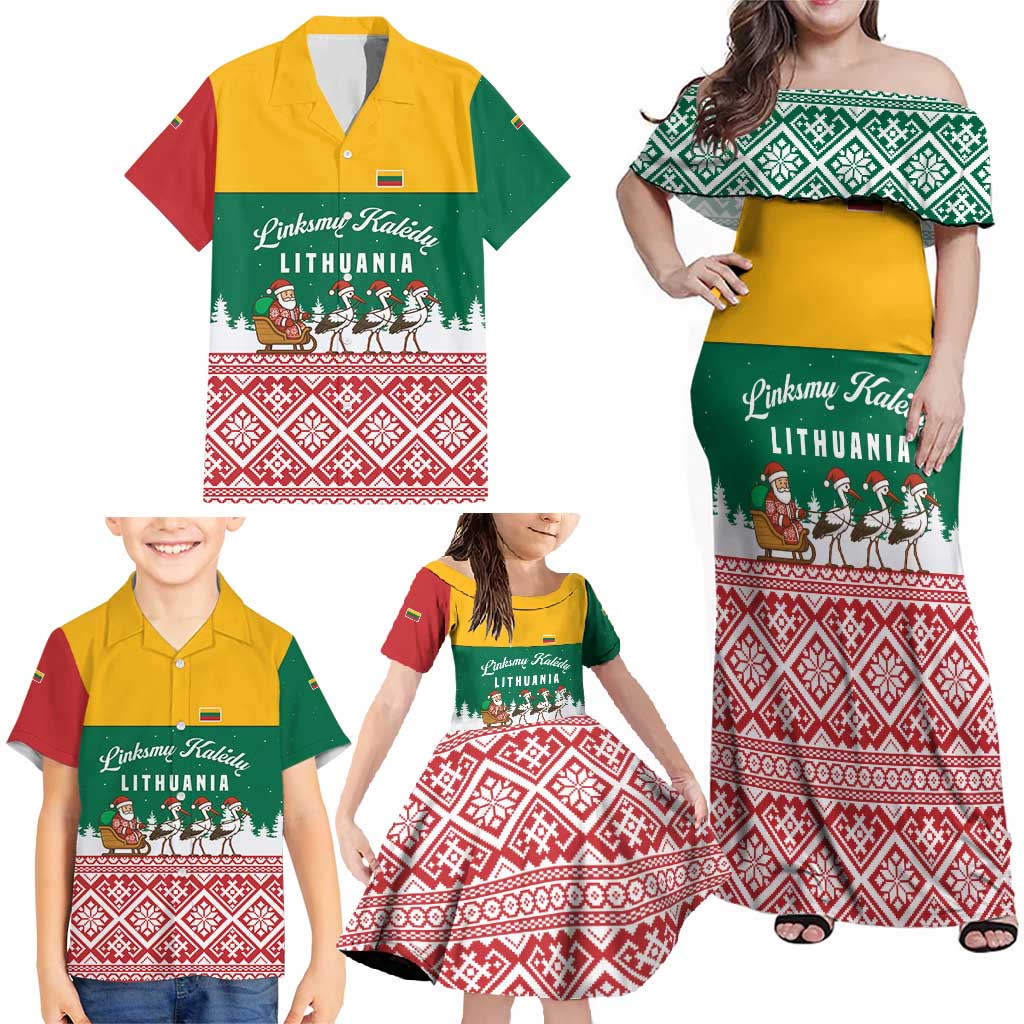 Lithuania Christmas Family Matching Off Shoulder Maxi Dress and Hawaiian Shirt with Santa Sleigh Pulled by Storks and Folk Pattern Design - Wonder Print Shop