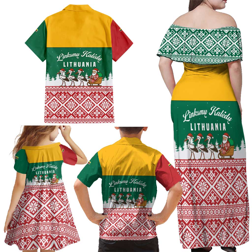 Lithuania Christmas Family Matching Off Shoulder Maxi Dress and Hawaiian Shirt with Santa Sleigh Pulled by Storks and Folk Pattern Design - Wonder Print Shop