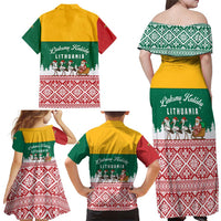 Lithuania Christmas Family Matching Off Shoulder Maxi Dress and Hawaiian Shirt with Santa Sleigh Pulled by Storks and Folk Pattern Design - Wonder Print Shop