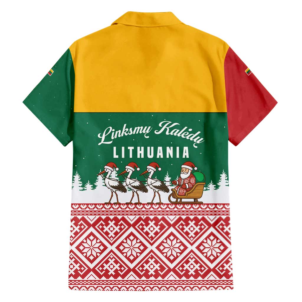 Lithuania Christmas Family Matching Off Shoulder Maxi Dress and Hawaiian Shirt with Santa Sleigh Pulled by Storks and Folk Pattern Design - Wonder Print Shop