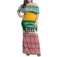 Lithuania Christmas Family Matching Off Shoulder Maxi Dress and Hawaiian Shirt with Santa Sleigh Pulled by Storks and Folk Pattern Design - Wonder Print Shop
