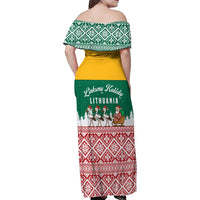 Lithuania Christmas Family Matching Off Shoulder Maxi Dress and Hawaiian Shirt with Santa Sleigh Pulled by Storks and Folk Pattern Design - Wonder Print Shop