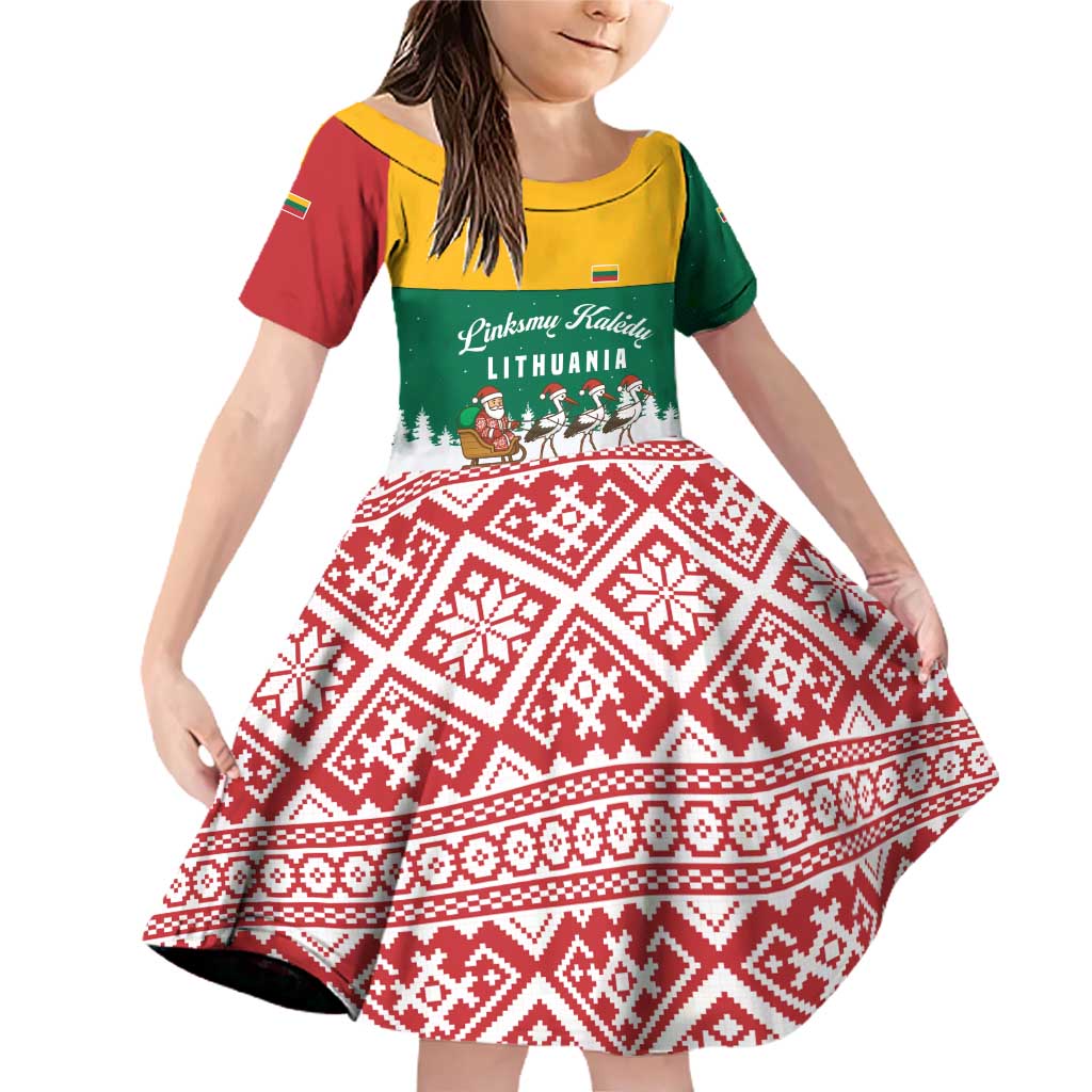 Lithuania Christmas Family Matching Off Shoulder Short Dress and Hawaiian Shirt with Santa Sleigh Pulled by Storks and Folk Pattern Design - Wonder Print Shop