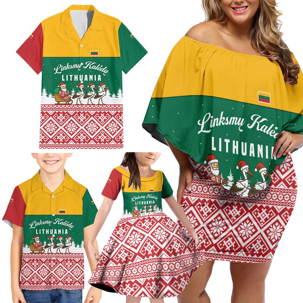 Lithuania Christmas Family Matching Off Shoulder Short Dress and Hawaiian Shirt with Santa Sleigh Pulled by Storks and Folk Pattern Design - Wonder Print Shop