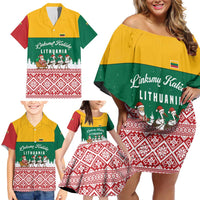 Lithuania Christmas Family Matching Off Shoulder Short Dress and Hawaiian Shirt with Santa Sleigh Pulled by Storks and Folk Pattern Design - Wonder Print Shop
