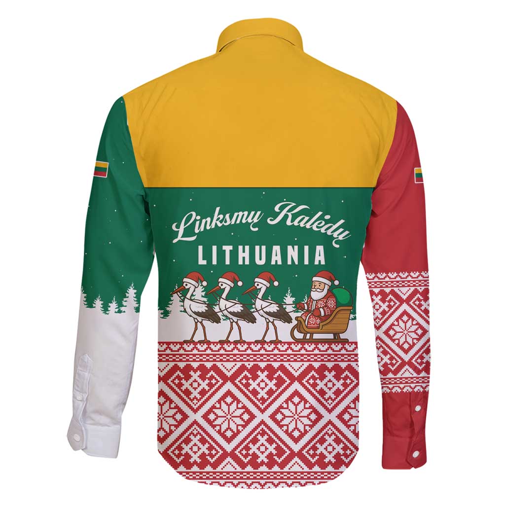 Lithuania Christmas Family Matching Off Shoulder Short Dress and Hawaiian Shirt with Santa Sleigh Pulled by Storks and Folk Pattern Design - Wonder Print Shop