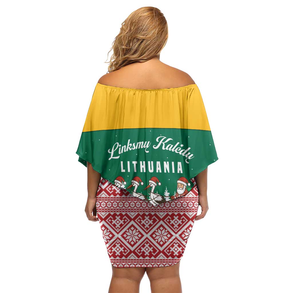 Lithuania Christmas Family Matching Off Shoulder Short Dress and Hawaiian Shirt with Santa Sleigh Pulled by Storks and Folk Pattern Design - Wonder Print Shop