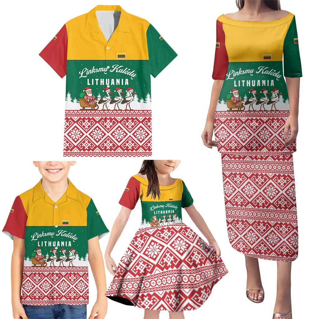 Lithuania Christmas Family Matching Puletasi and Hawaiian Shirt with Santa Sleigh Pulled by Storks and Folk Pattern Design - Wonder Print Shop