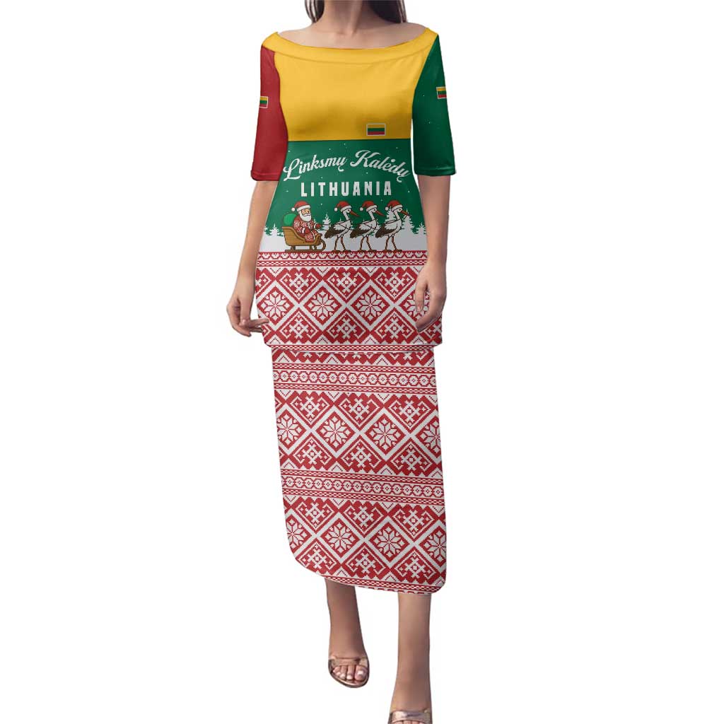 Lithuania Christmas Family Matching Puletasi and Hawaiian Shirt with Santa Sleigh Pulled by Storks and Folk Pattern Design - Wonder Print Shop