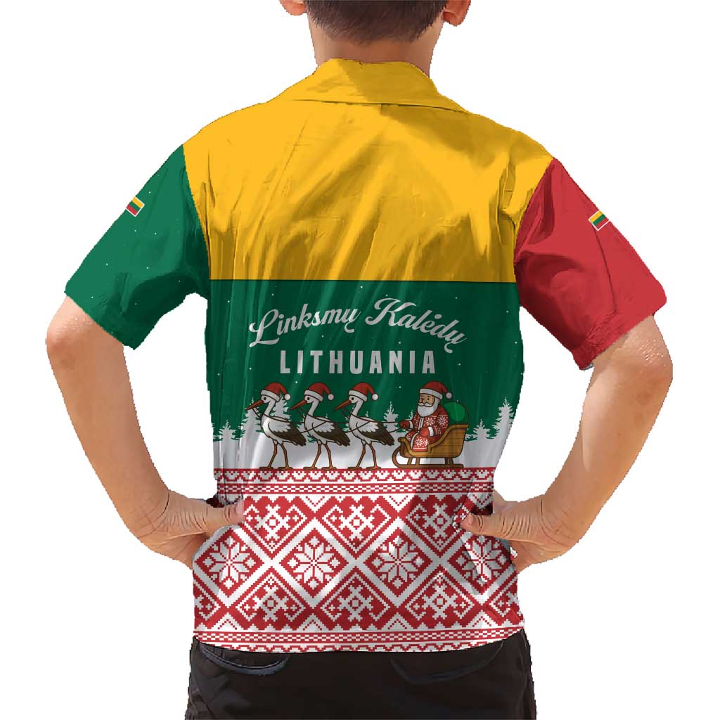Lithuania Christmas Family Matching Short Sleeve Bodycon Dress and Hawaiian Shirt with Santa Sleigh Pulled by Storks and Folk Pattern Design - Wonder Print Shop