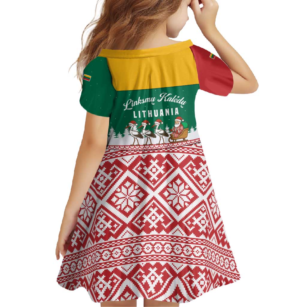 Lithuania Christmas Family Matching Short Sleeve Bodycon Dress and Hawaiian Shirt with Santa Sleigh Pulled by Storks and Folk Pattern Design - Wonder Print Shop