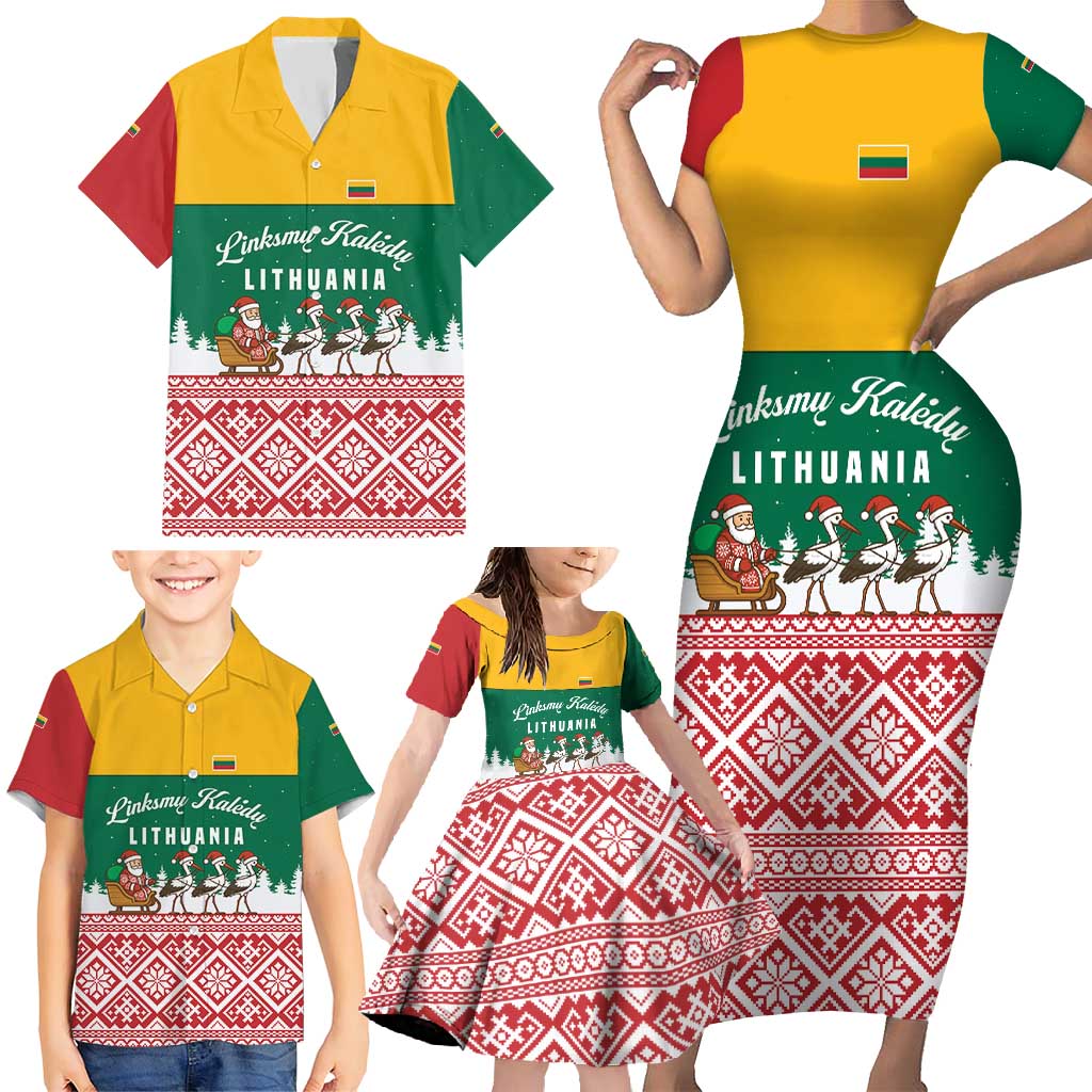 Lithuania Christmas Family Matching Short Sleeve Bodycon Dress and Hawaiian Shirt with Santa Sleigh Pulled by Storks and Folk Pattern Design - Wonder Print Shop