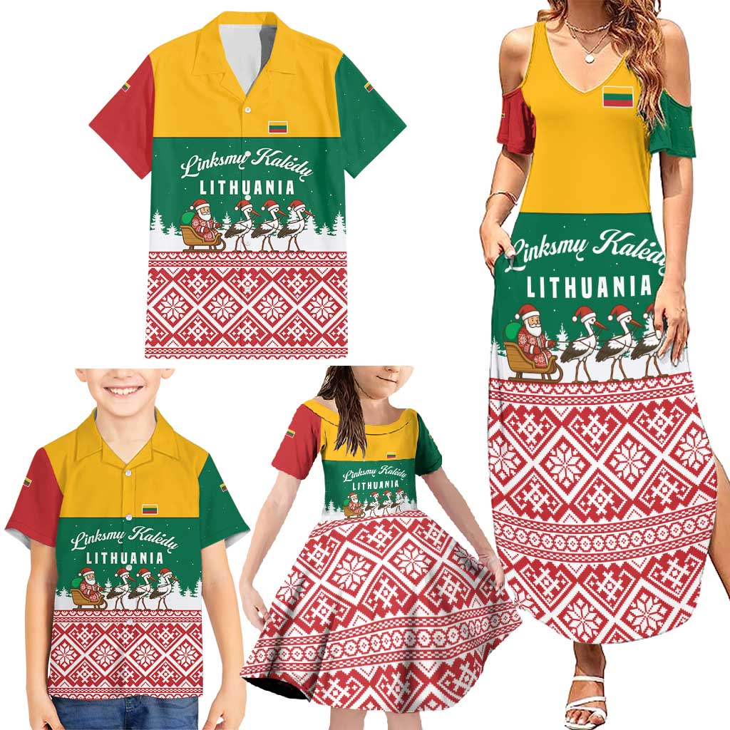 Lithuania Christmas Family Matching Summer Maxi Dress and Hawaiian Shirt with Santa Sleigh Pulled by Storks and Folk Pattern Design - Wonder Print Shop