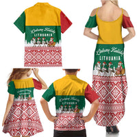 Lithuania Christmas Family Matching Summer Maxi Dress and Hawaiian Shirt with Santa Sleigh Pulled by Storks and Folk Pattern Design - Wonder Print Shop