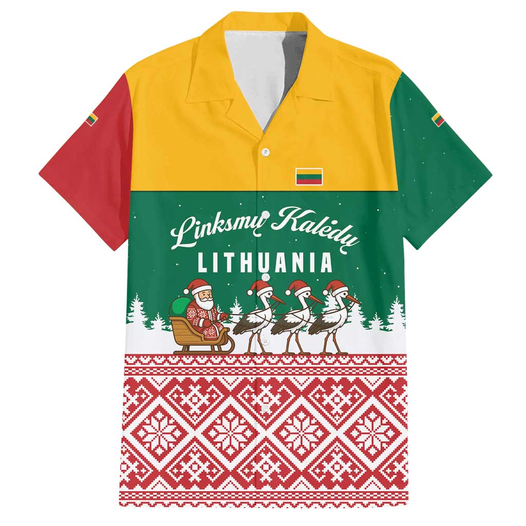Lithuania Christmas Family Matching Summer Maxi Dress and Hawaiian Shirt with Santa Sleigh Pulled by Storks and Folk Pattern Design - Wonder Print Shop