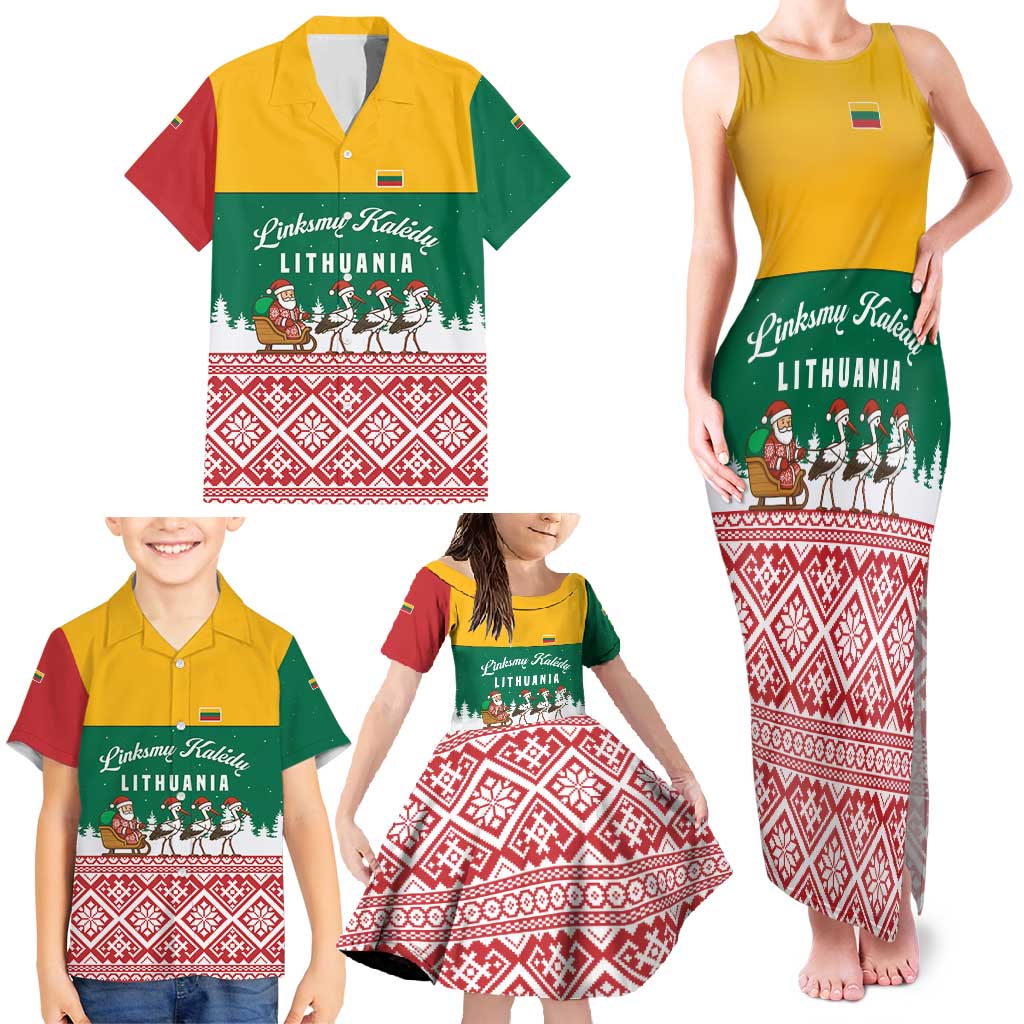 Lithuania Christmas Family Matching Tank Maxi Dress and Hawaiian Shirt with Santa Sleigh Pulled by Storks and Folk Pattern Design - Wonder Print Shop