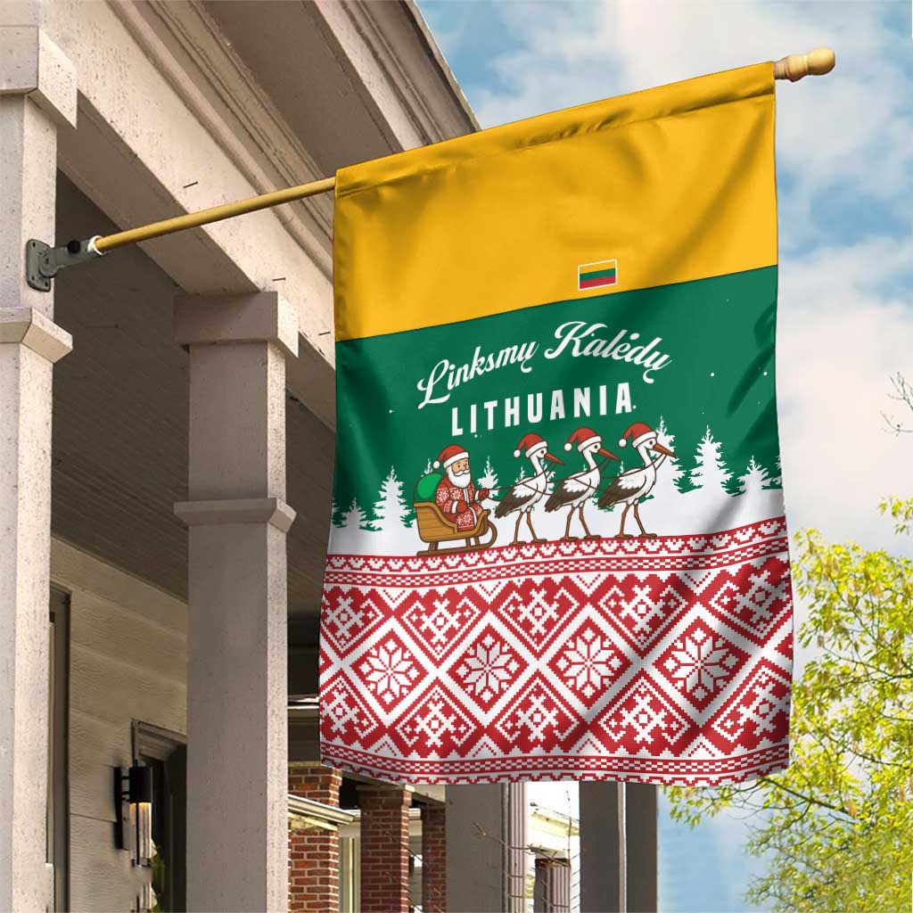 Lithuania Christmas Garden Flag with Santa Sleigh Pulled by Storks and Folk Pattern Design - Wonder Print Shop