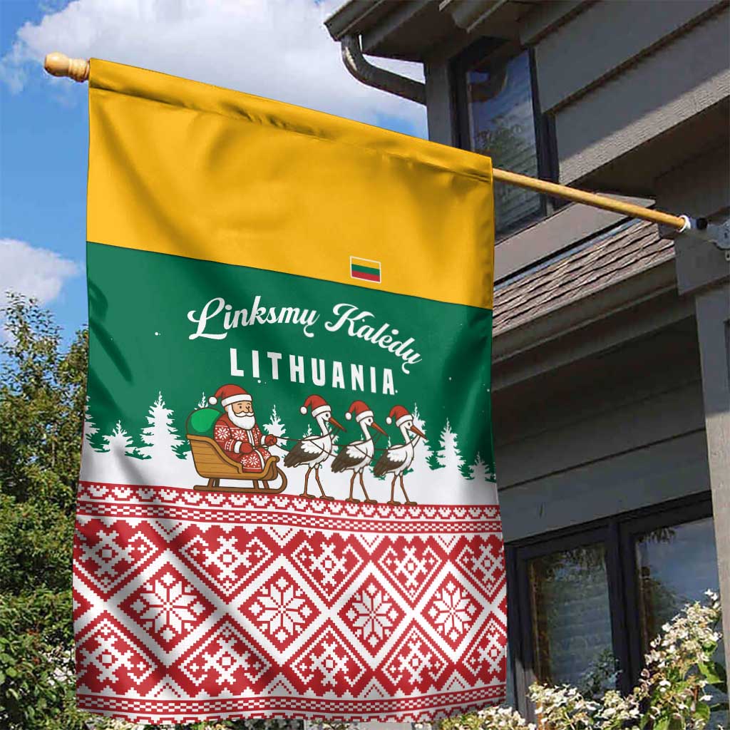 Lithuania Christmas Garden Flag with Santa Sleigh Pulled by Storks and Folk Pattern Design - Wonder Print Shop