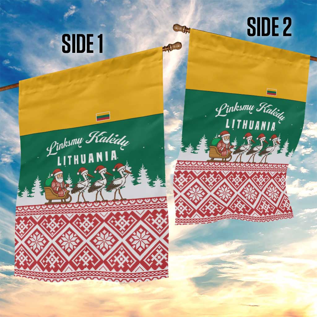 Lithuania Christmas Garden Flag with Santa Sleigh Pulled by Storks and Folk Pattern Design - Wonder Print Shop