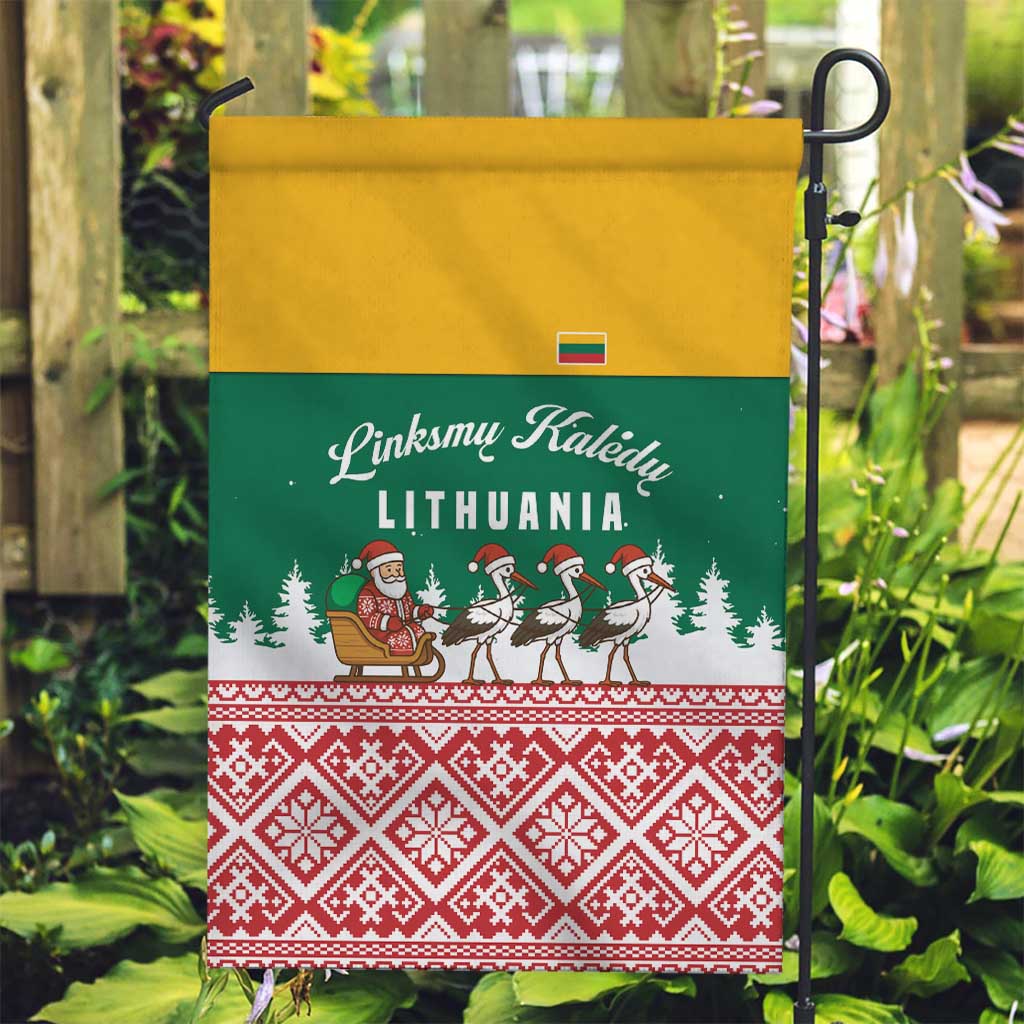 Lithuania Christmas Garden Flag with Santa Sleigh Pulled by Storks and Folk Pattern Design - Wonder Print Shop