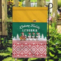 Lithuania Christmas Garden Flag with Santa Sleigh Pulled by Storks and Folk Pattern Design - Wonder Print Shop