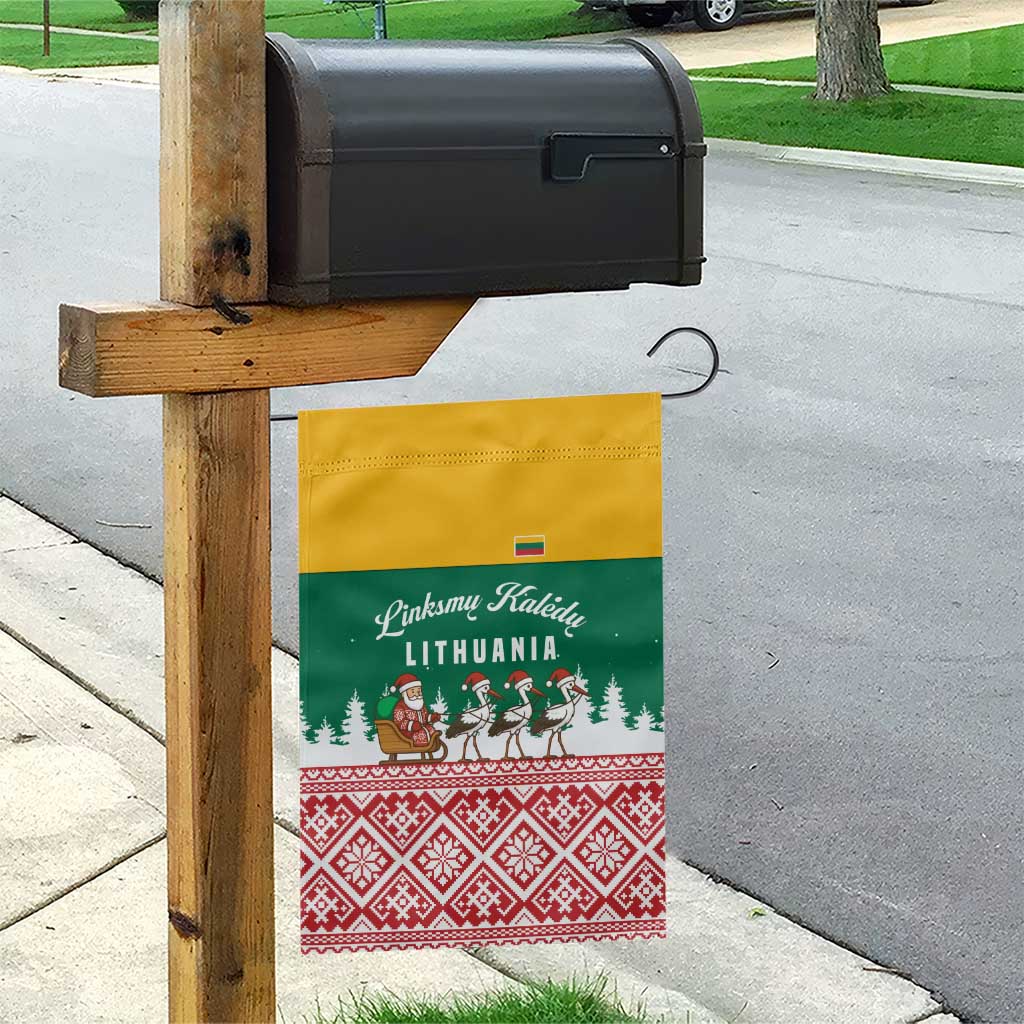 Lithuania Christmas Garden Flag with Santa Sleigh Pulled by Storks and Folk Pattern Design - Wonder Print Shop