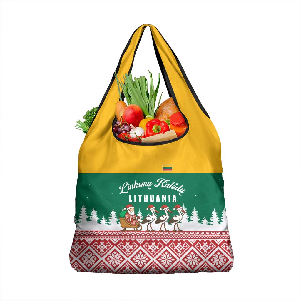 Lithuania Christmas Grocery Bag with Santa Sleigh Pulled by Storks and Folk Pattern Design - Wonder Print Shop