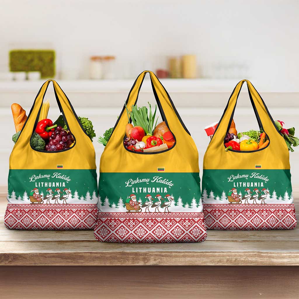 Lithuania Christmas Grocery Bag with Santa Sleigh Pulled by Storks and Folk Pattern Design - Wonder Print Shop