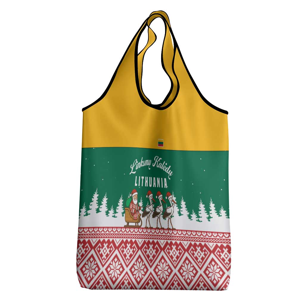 Lithuania Christmas Grocery Bag with Santa Sleigh Pulled by Storks and Folk Pattern Design - Wonder Print Shop