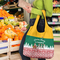 Lithuania Christmas Grocery Bag with Santa Sleigh Pulled by Storks and Folk Pattern Design - Wonder Print Shop