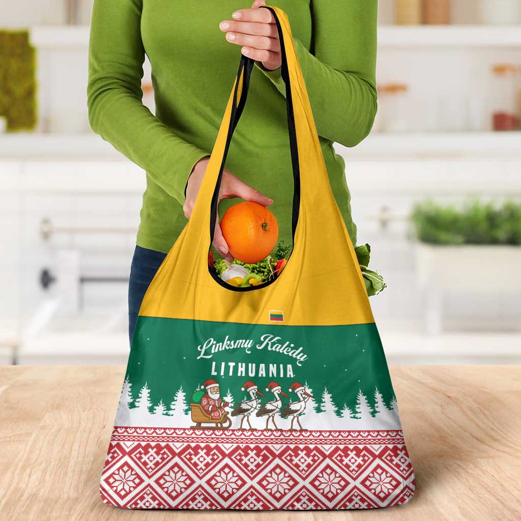 Lithuania Christmas Grocery Bag with Santa Sleigh Pulled by Storks and Folk Pattern Design - Wonder Print Shop