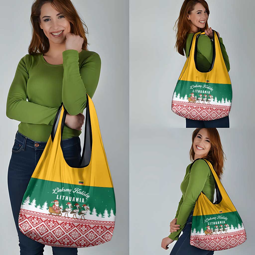 Lithuania Christmas Grocery Bag with Santa Sleigh Pulled by Storks and Folk Pattern Design - Wonder Print Shop