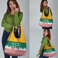 Lithuania Christmas Grocery Bag with Santa Sleigh Pulled by Storks and Folk Pattern Design - Wonder Print Shop