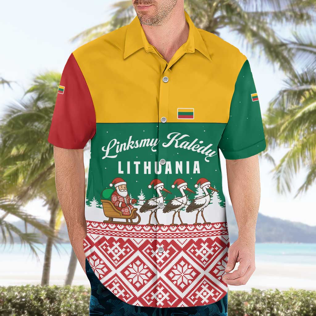 Lithuania Christmas Hawaiian Shirt with Santa Sleigh Pulled by Storks and Folk Pattern Design - Wonder Print Shop