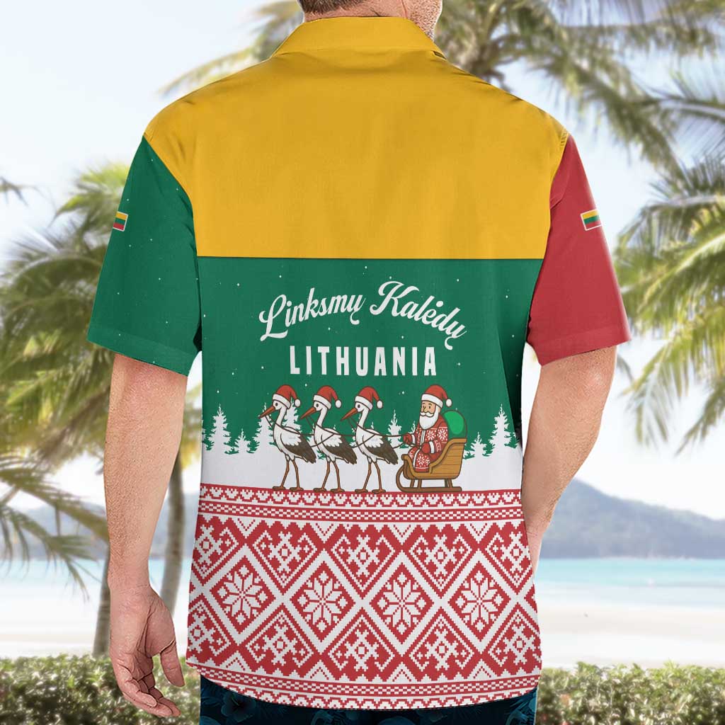 Lithuania Christmas Hawaiian Shirt with Santa Sleigh Pulled by Storks and Folk Pattern Design - Wonder Print Shop