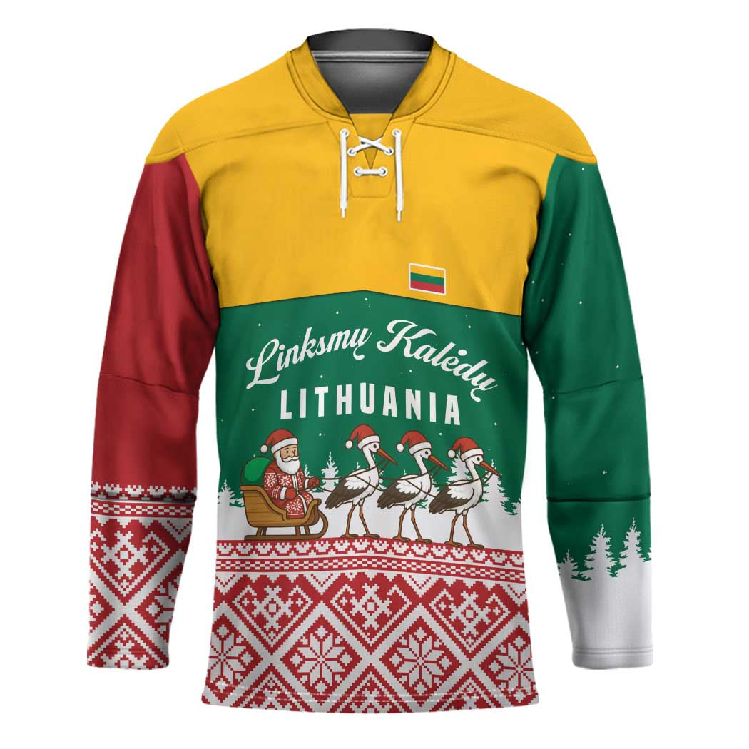 Lithuania Christmas Hockey Jersey with Santa Sleigh Pulled by Storks and Folk Pattern Design - Wonder Print Shop
