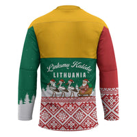 Lithuania Christmas Hockey Jersey with Santa Sleigh Pulled by Storks and Folk Pattern Design - Wonder Print Shop