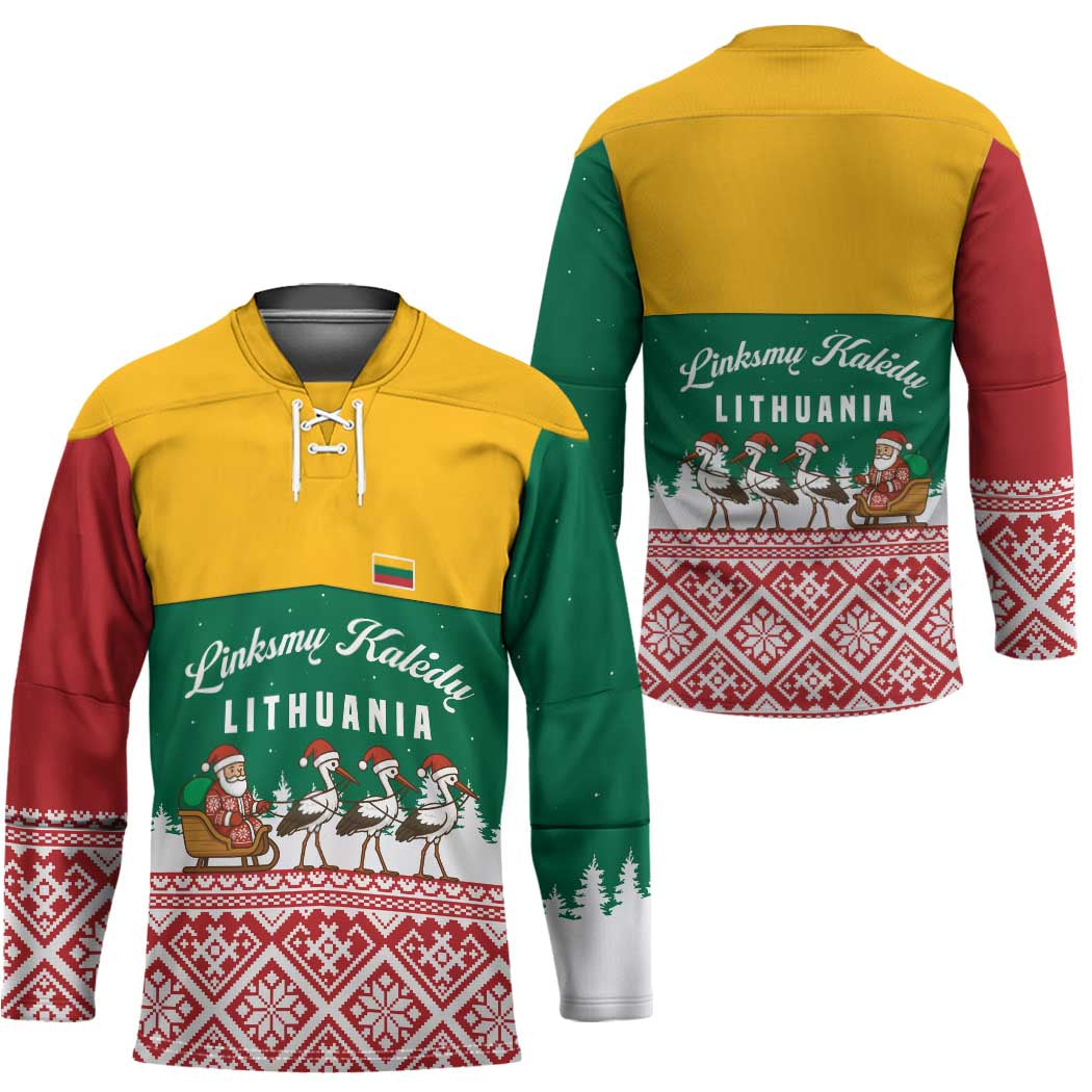 Lithuania Christmas Hockey Jersey with Santa Sleigh Pulled by Storks and Folk Pattern Design - Wonder Print Shop