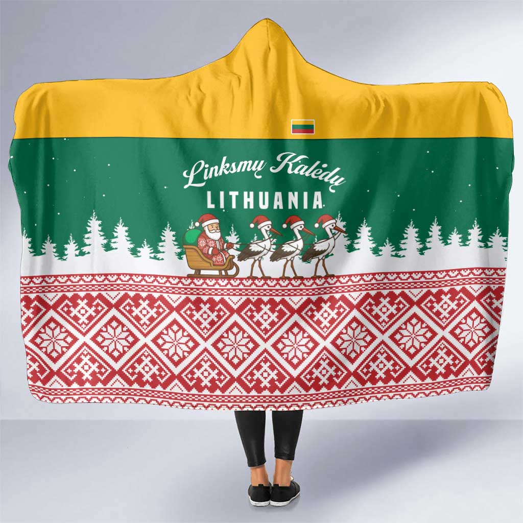 Lithuania Christmas Hooded Blanket with Santa Sleigh Pulled by Storks and Folk Pattern Design - Wonder Print Shop