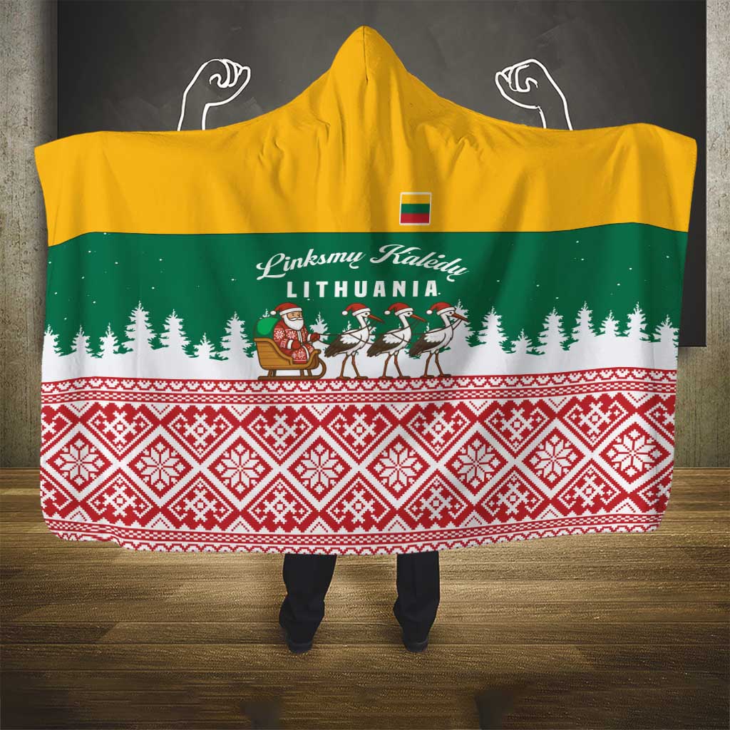 Lithuania Christmas Hooded Blanket with Santa Sleigh Pulled by Storks and Folk Pattern Design - Wonder Print Shop