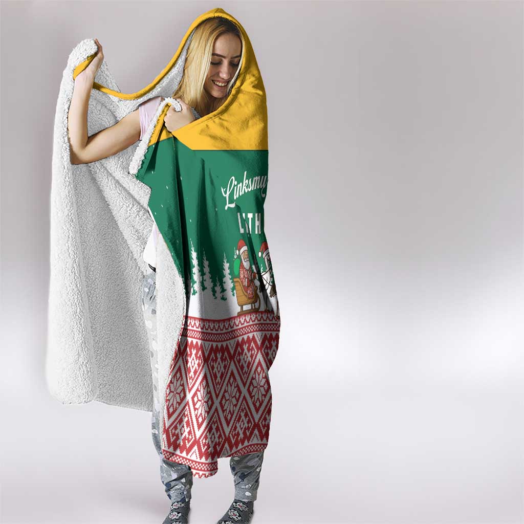 Lithuania Christmas Hooded Blanket with Santa Sleigh Pulled by Storks and Folk Pattern Design - Wonder Print Shop