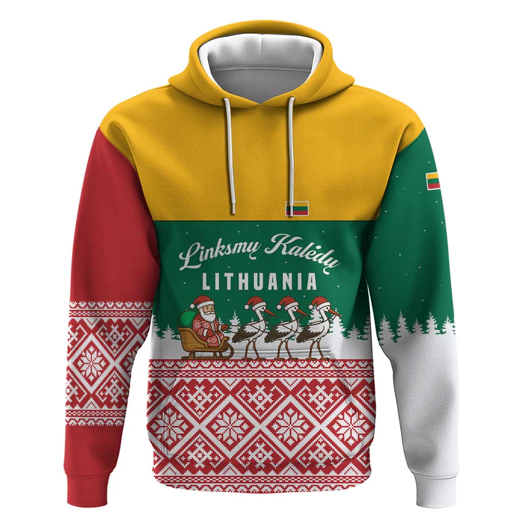 Lithuania Christmas Hoodie with Santa Sleigh Pulled by Storks and Folk Pattern Design - Wonder Print Shop