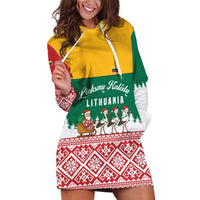 Lithuania Christmas Hoodie Dress with Santa Sleigh Pulled by Storks and Folk Pattern Design - Wonder Print Shop