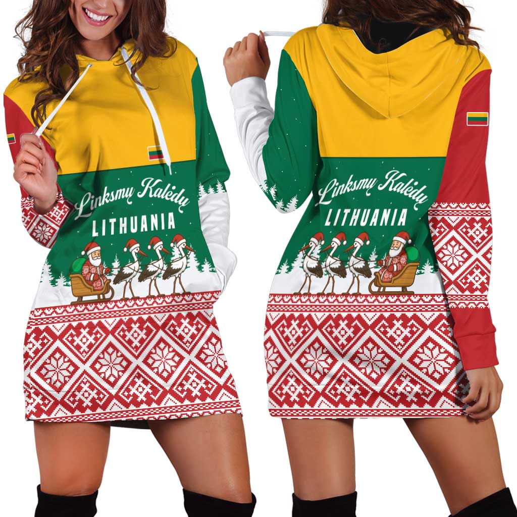 Lithuania Christmas Hoodie Dress with Santa Sleigh Pulled by Storks and Folk Pattern Design - Wonder Print Shop