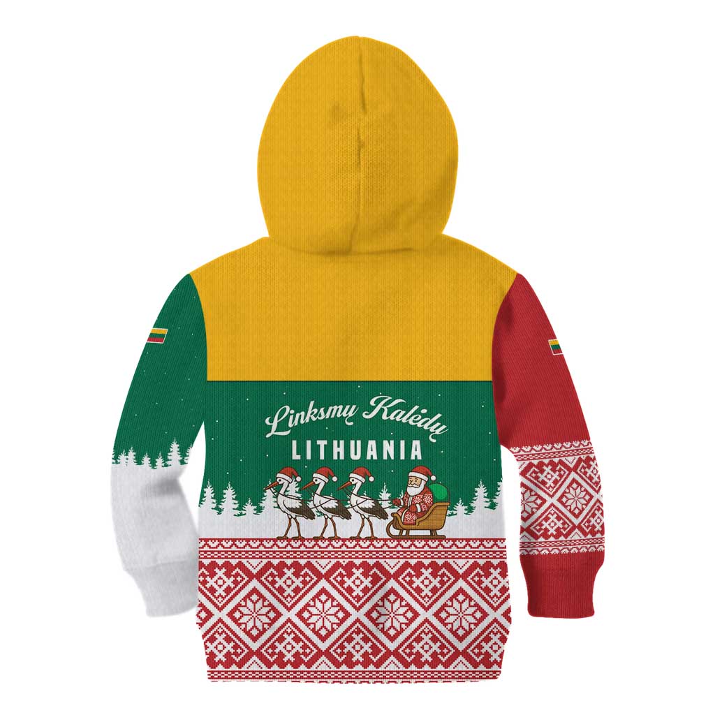 Lithuania Christmas Kid Hoodie with Santa Sleigh Pulled by Storks and Folk Pattern Design - Wonder Print Shop