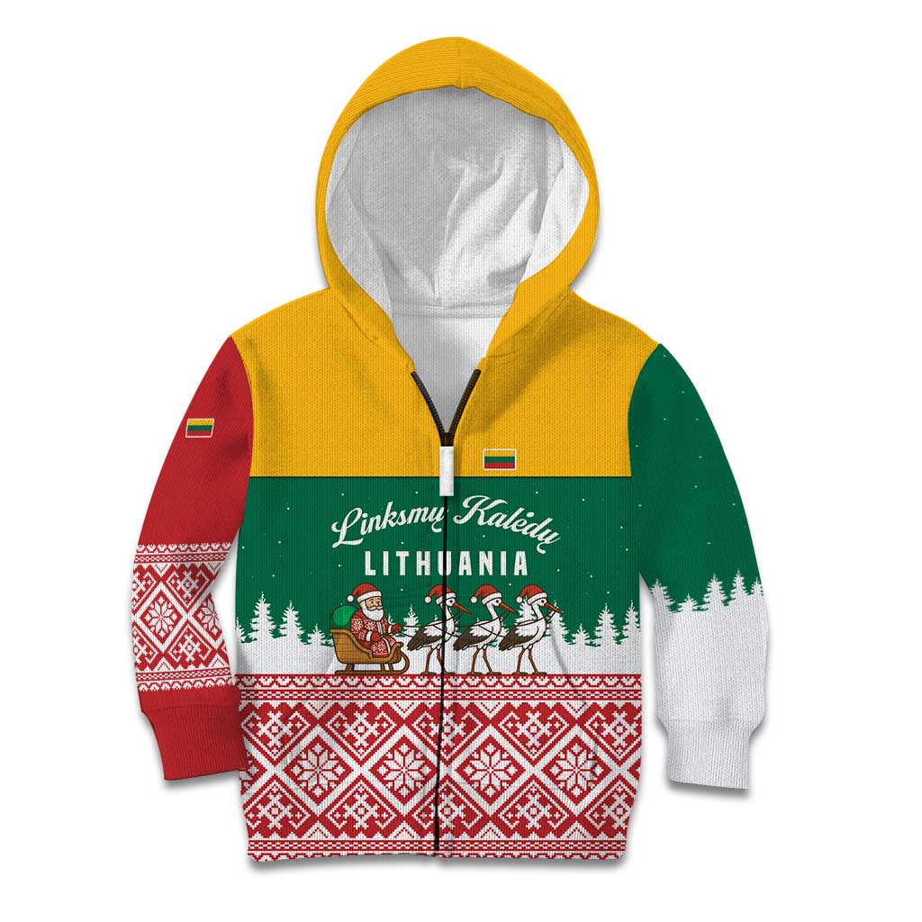 Lithuania Christmas Kid Hoodie with Santa Sleigh Pulled by Storks and Folk Pattern Design - Wonder Print Shop