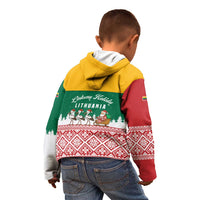 Lithuania Christmas Kid Hoodie with Santa Sleigh Pulled by Storks and Folk Pattern Design - Wonder Print Shop